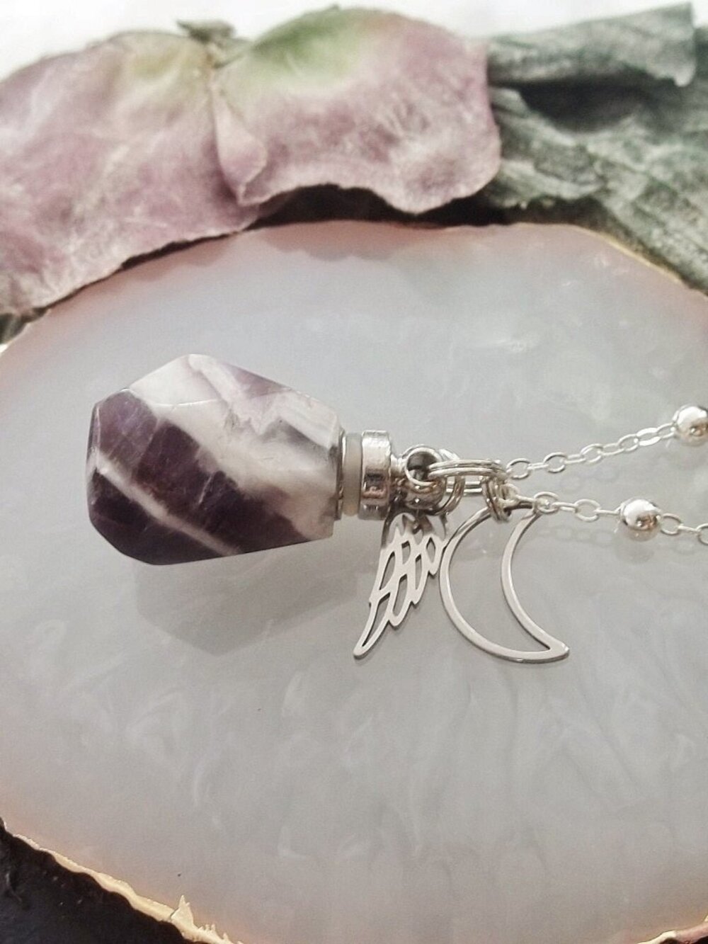 Chevron Amethyst Quartz Crystal Vial Bottle Charm Wing Necklace Celestial Moon